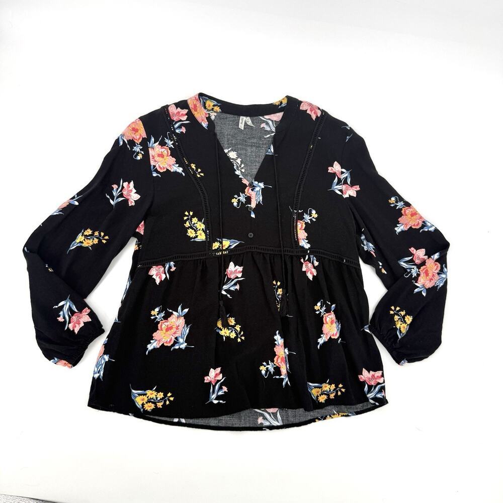 MUDD Women’s Black w/Bold Floral Boho Peasant Top XL V-Neck Lightweight Flowy